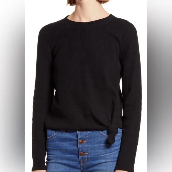 NWT Madewell Elwood Knot Front Long Sleeve Ribbed Black Top Size Small - Picture 1 of 9